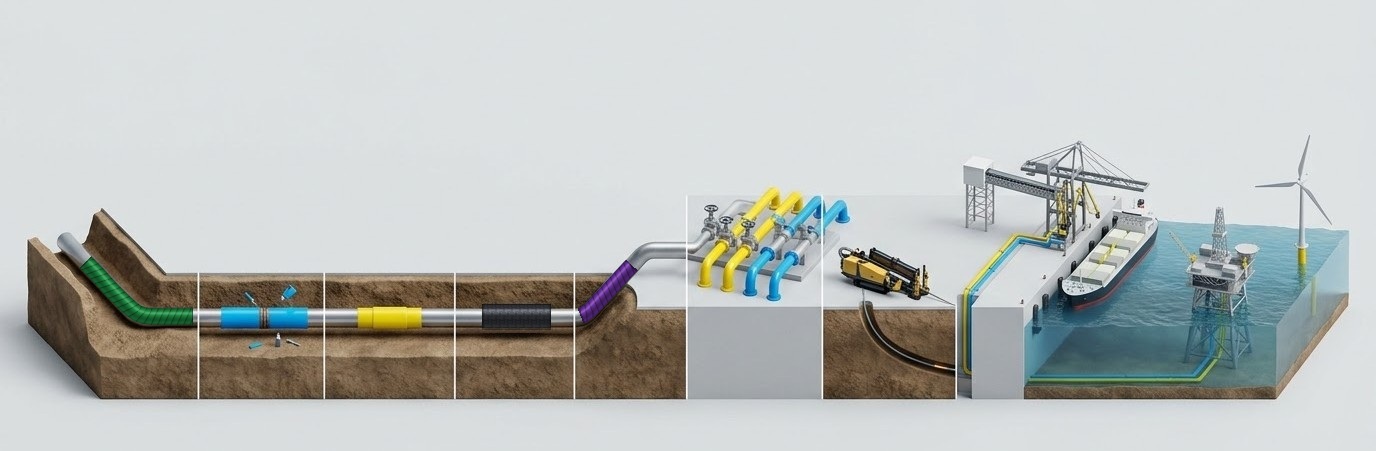 Esquema técnico: ducto enterrado, juntas, reparaciones, transición suelo-aire, válvulas, perforación dirigida, puerto y offshore